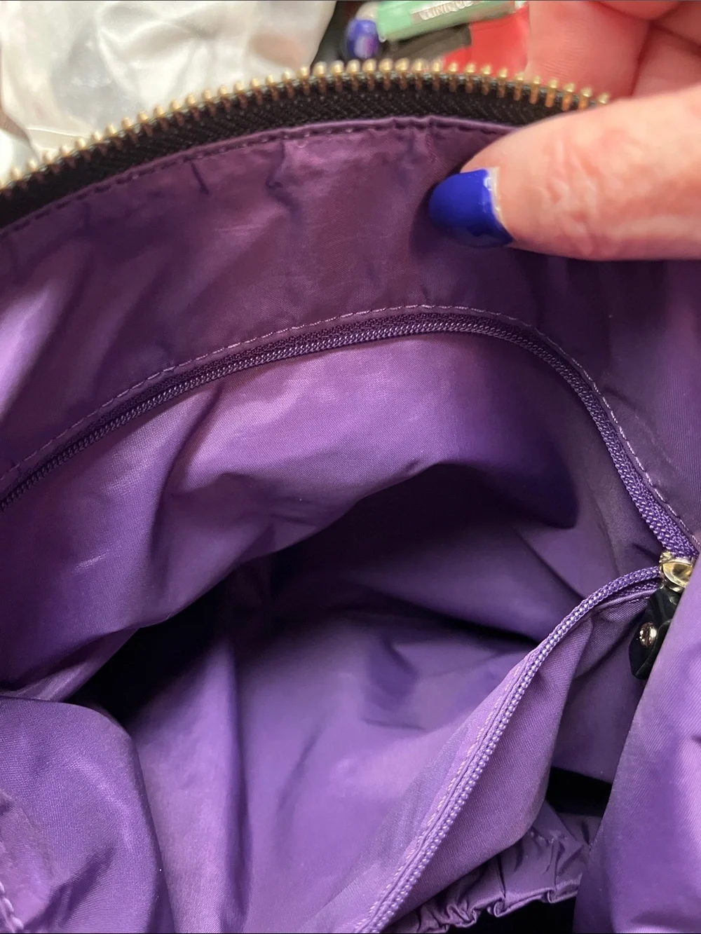 Flawed Kate Spade Stevie Baby/Diaper Bag Blk white herringbone purple interior